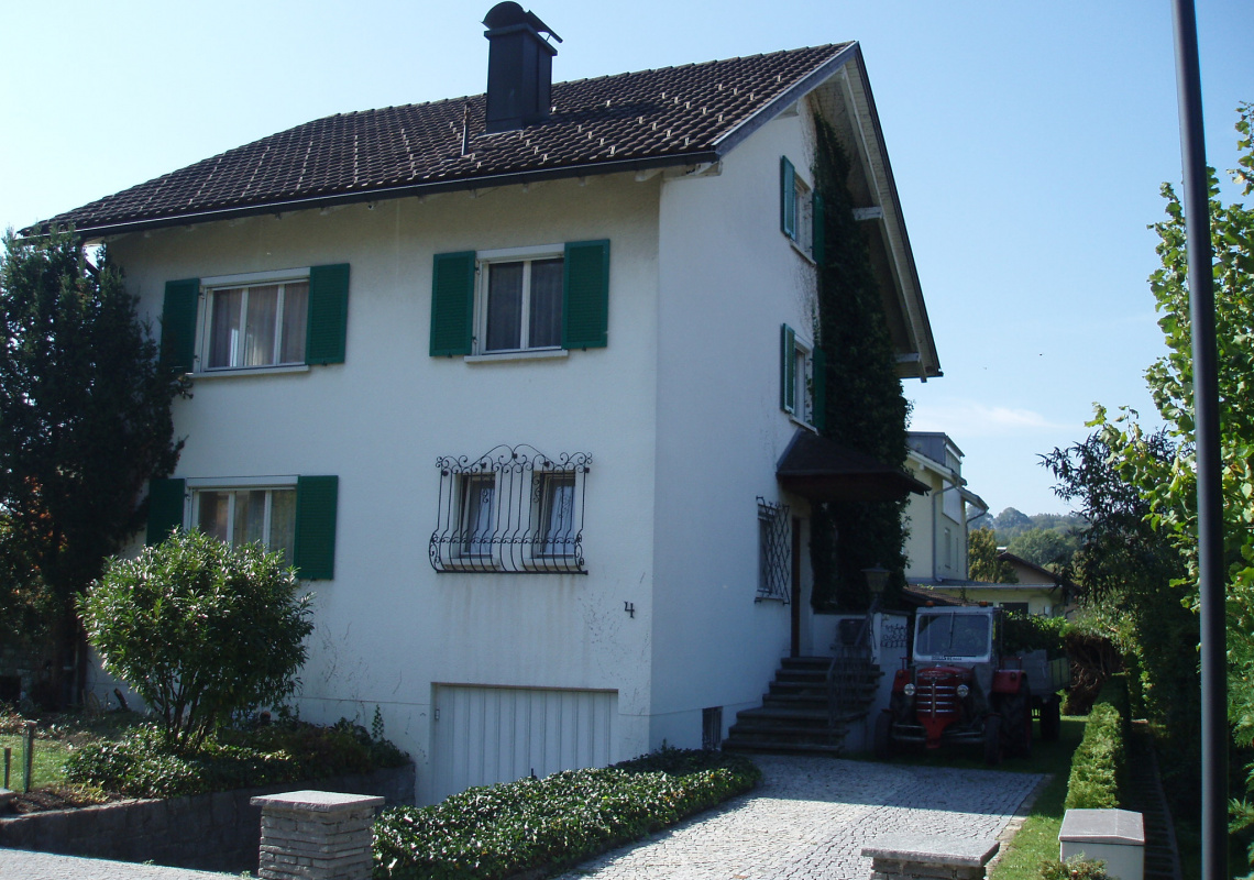 Das Einfamilienhaus vor der Sanierung mit steiler Zufahrt zur Garage