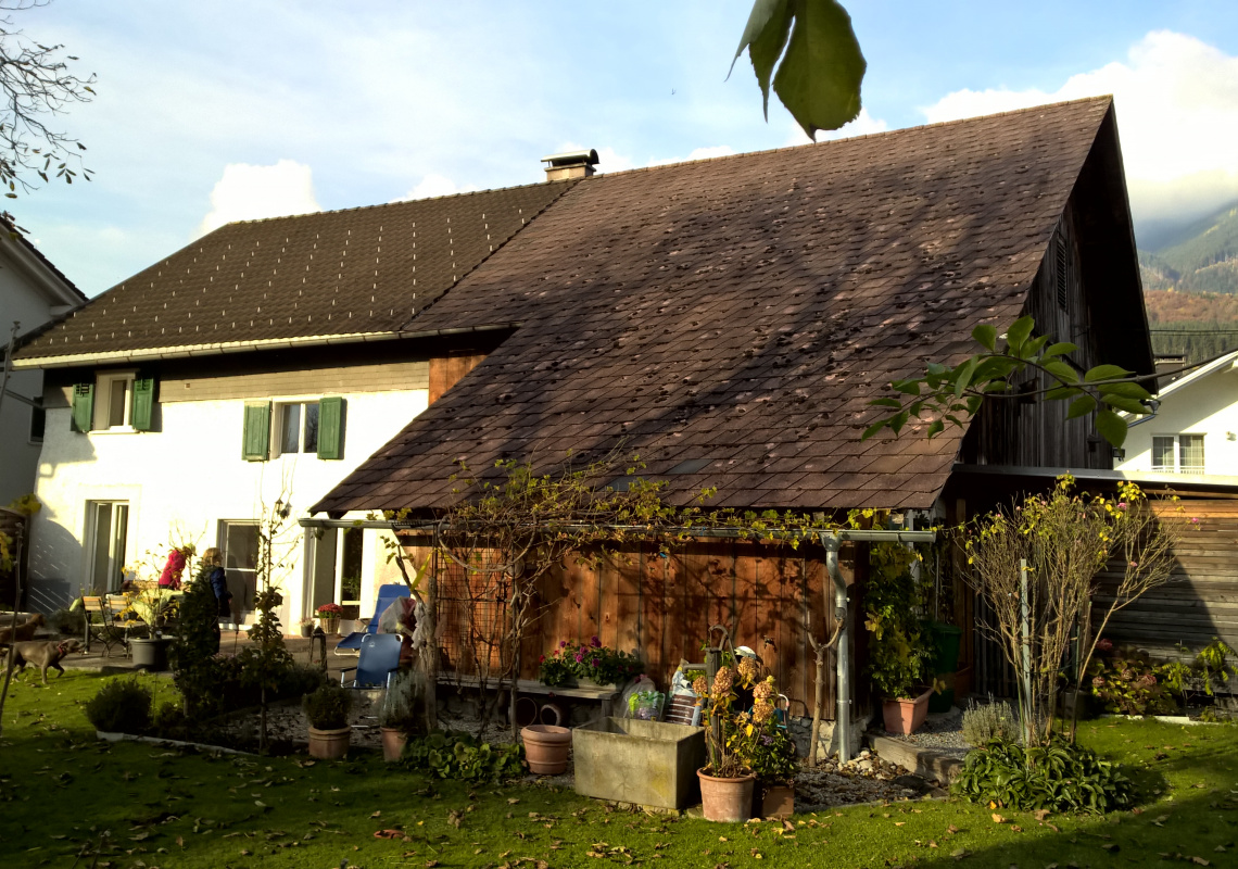 Der Blick auf Wohnhaus und Stall südseitig vor der Sanierung